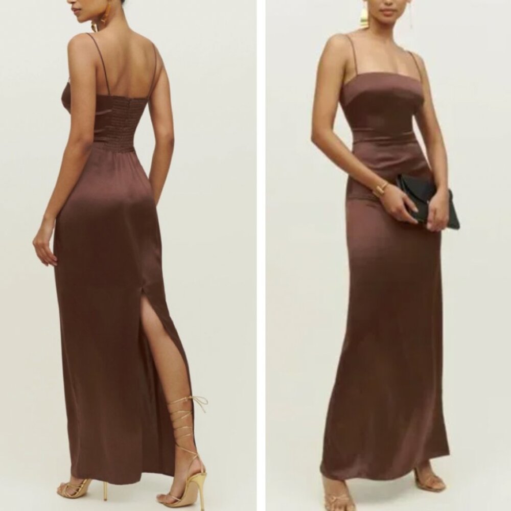 BEST Reformation Frankie Silk Maxi Dress Sz4 Cafe Chocolate Cocktail Party Forma - Picture 3 of 10
